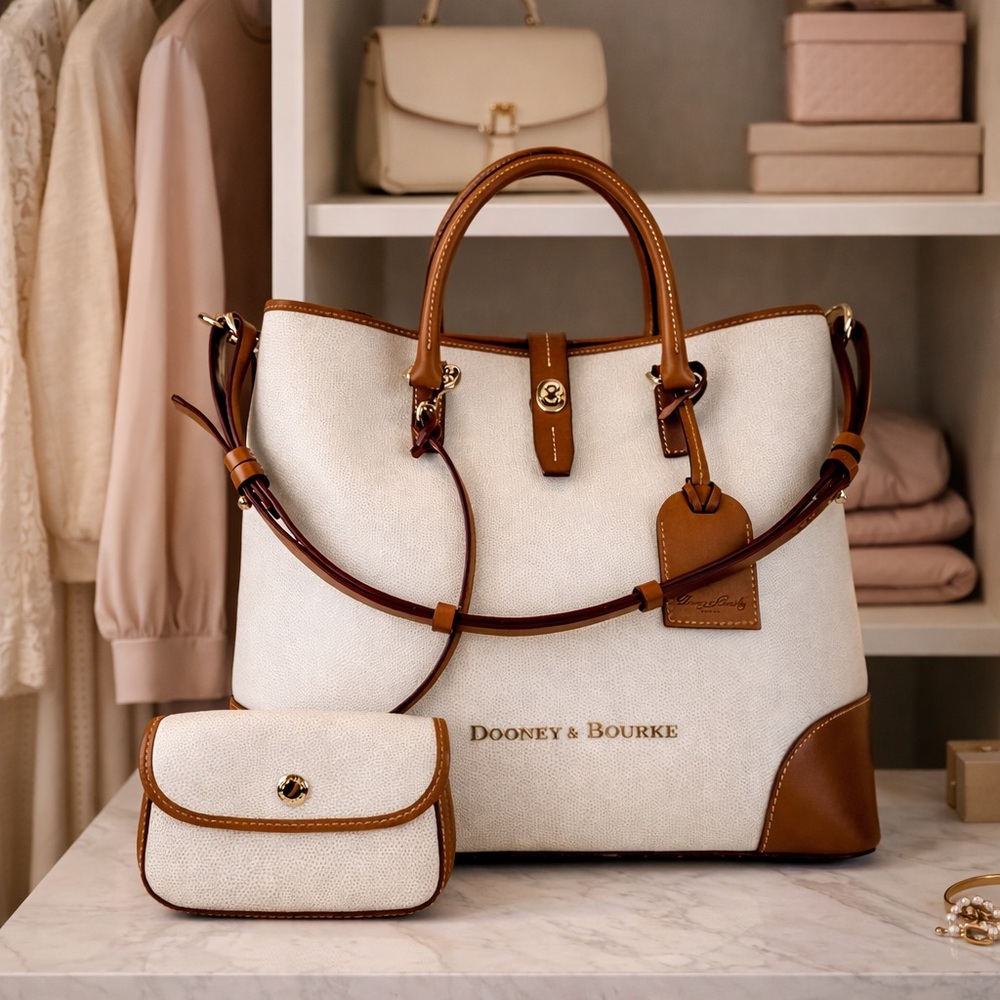 Dooney & Bourke Cream Canvas Tote with Brown Leather Trim and Matching Pouch - Picture 2 of 16